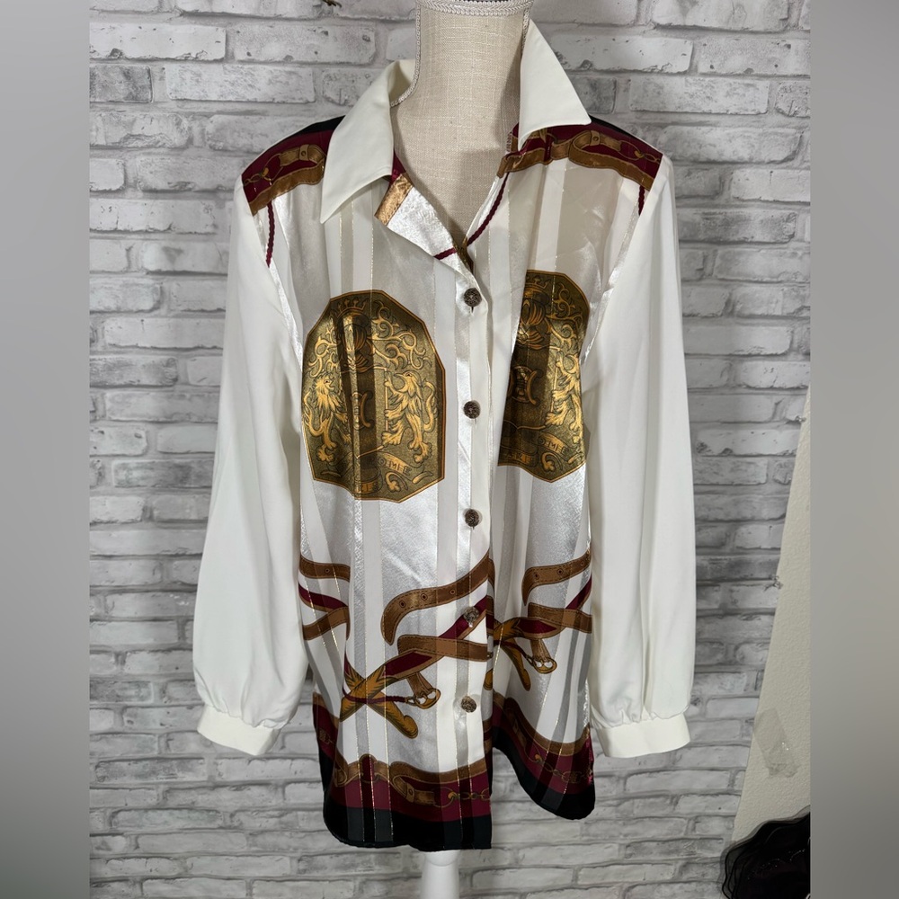 LA Boom Vintage Satin White and Gold Button-Up Blouse